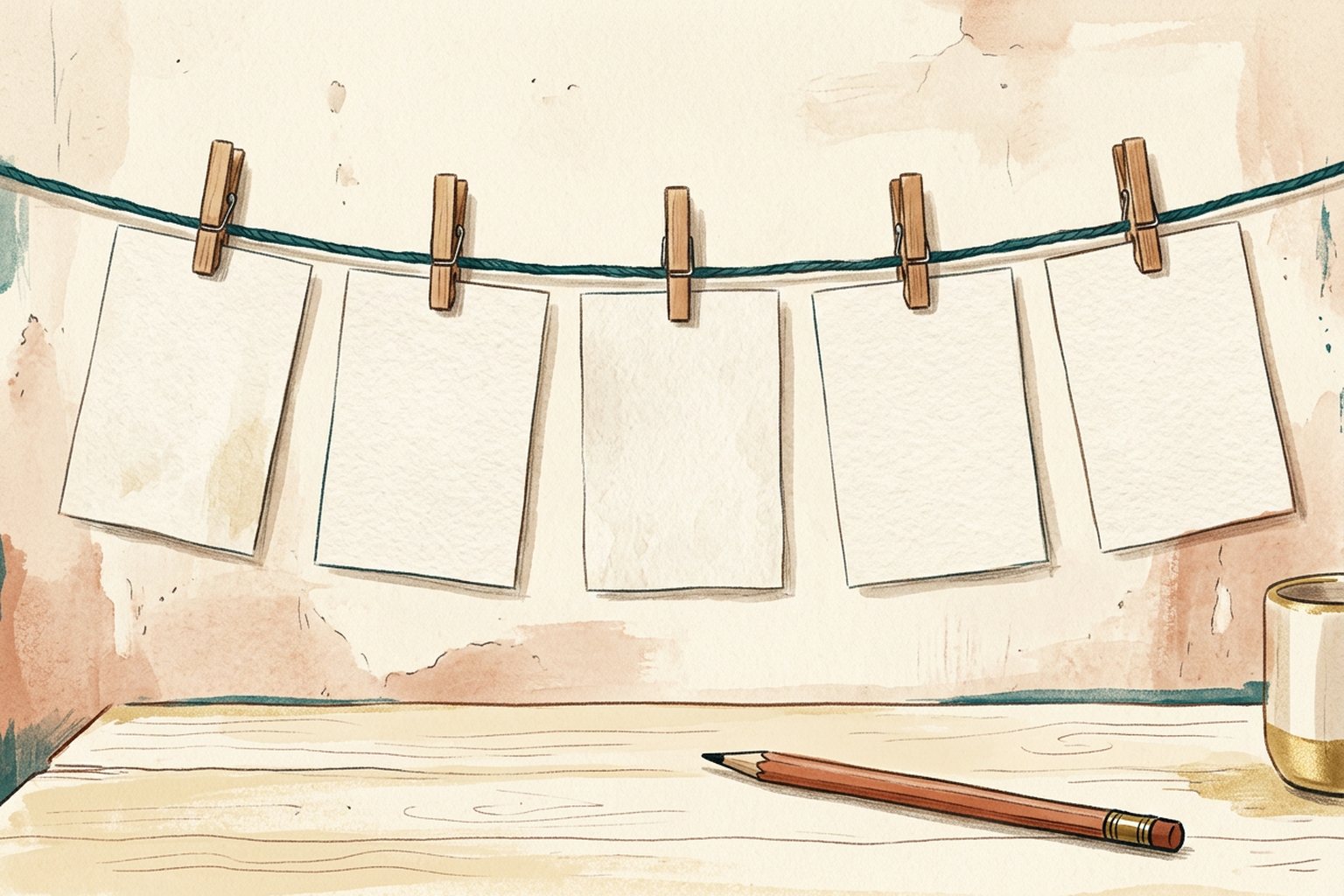A row of blank index cards hangs from a string with wooden clothespins, a pencil lying below.