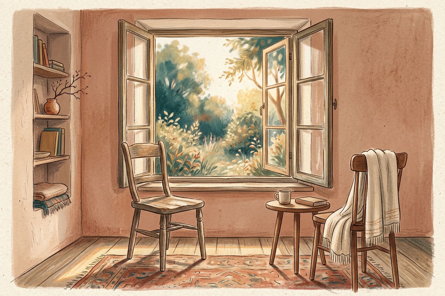 An empty wooden chair faces an open window in warm light, with a folded shawl on a chair opposite.
