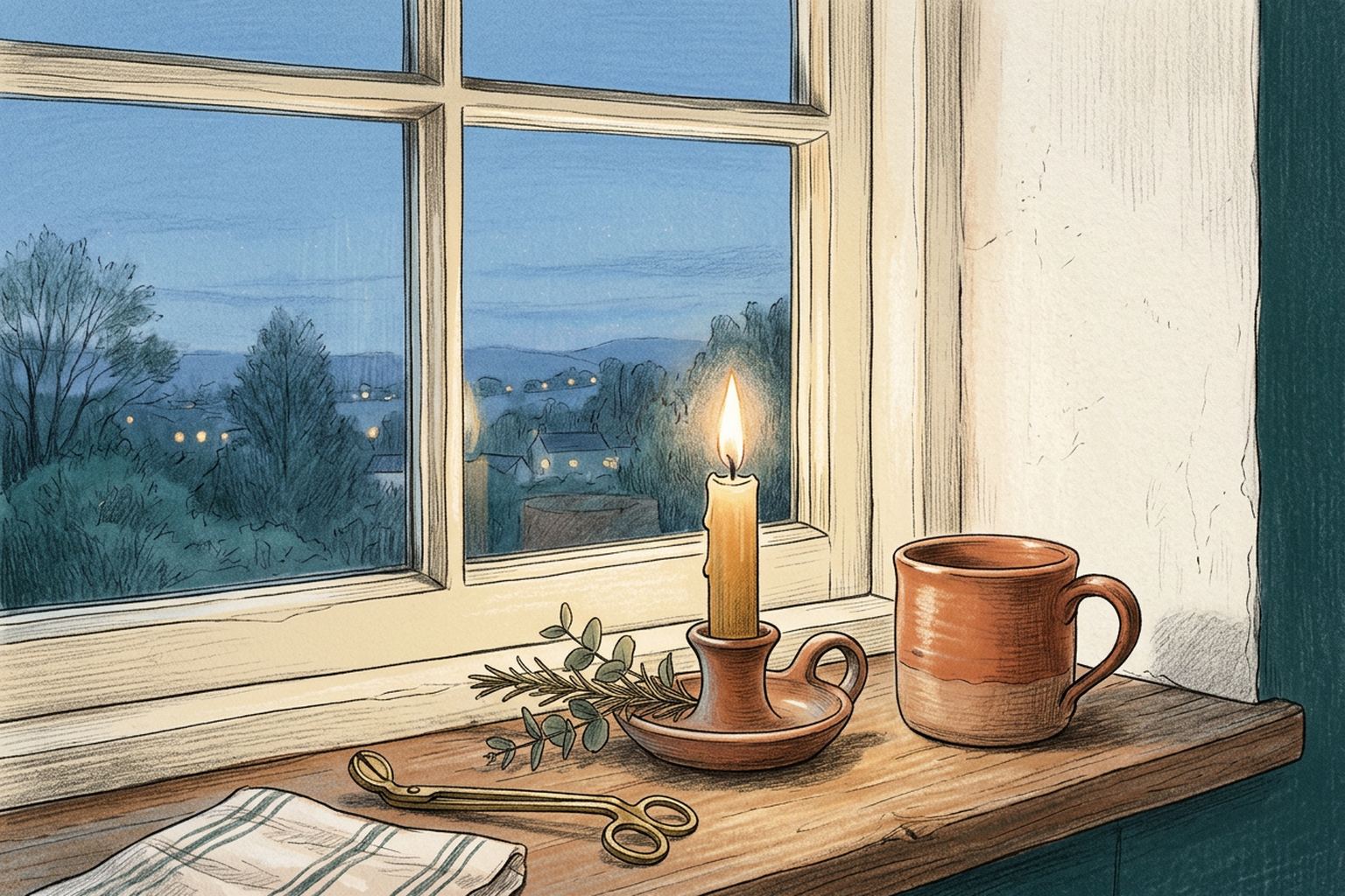 A single candle burns on a kitchen windowsill at dusk beside an empty mug.
