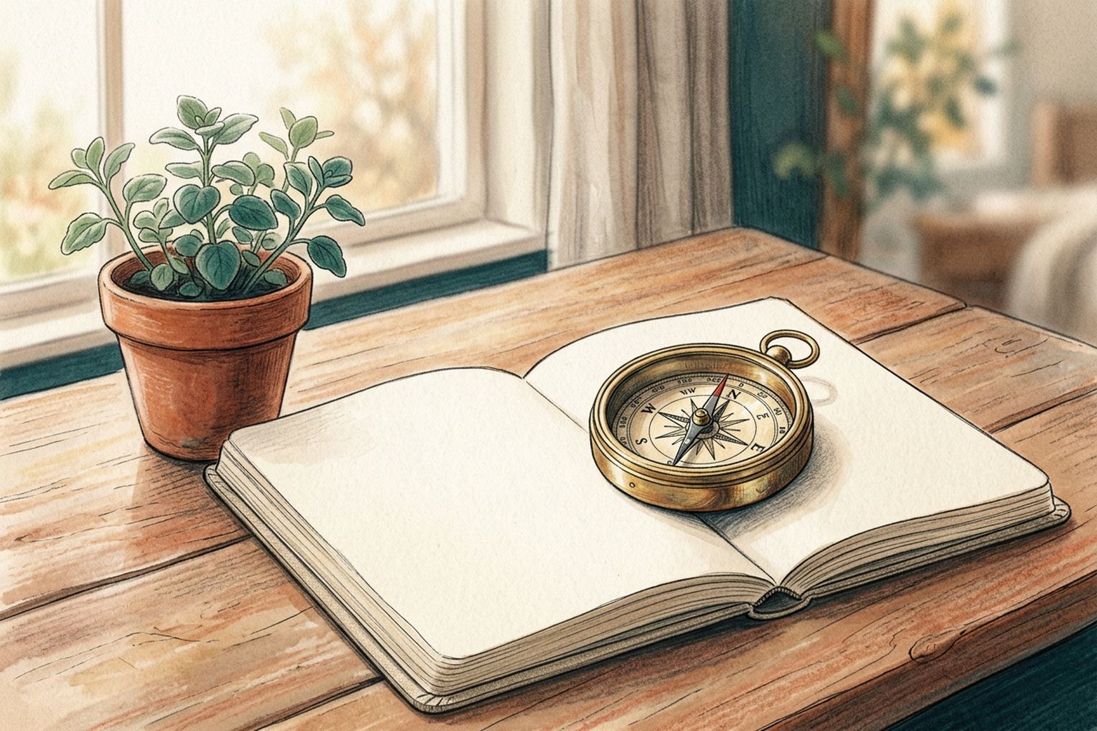 A brass compass rests on an open blank notebook in warm light beside a small potted plant.