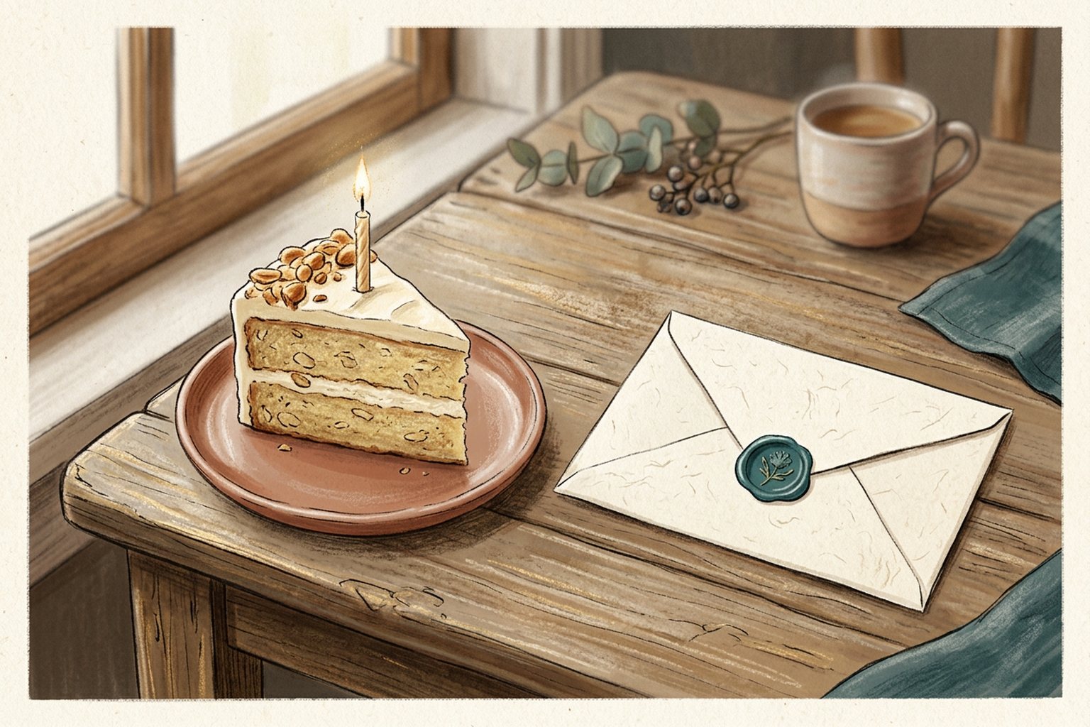 A slice of cake with one small candle sits beside a cream envelope on a wooden table.