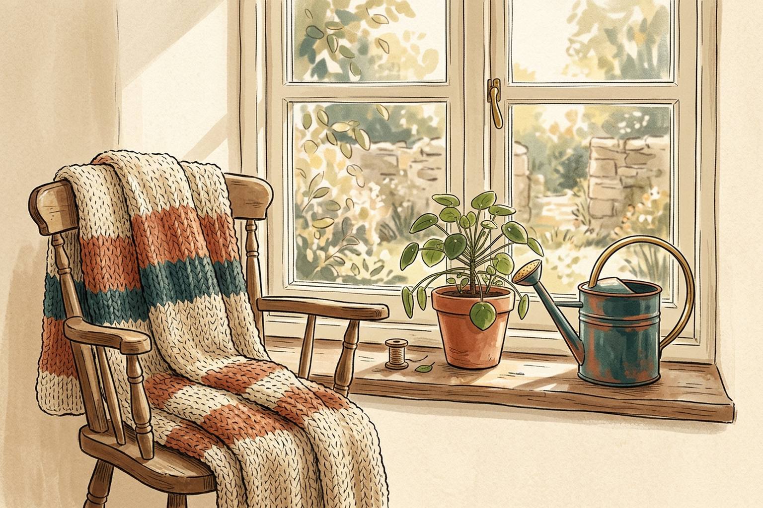 A watering can and a potted plant sit on a sunny windowsill beside a blanket folded over an armchair.