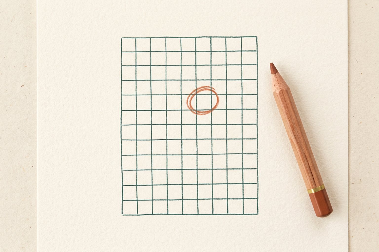 A blank grid of small empty squares on cream paper, with one square circled in a terracotta pencil.