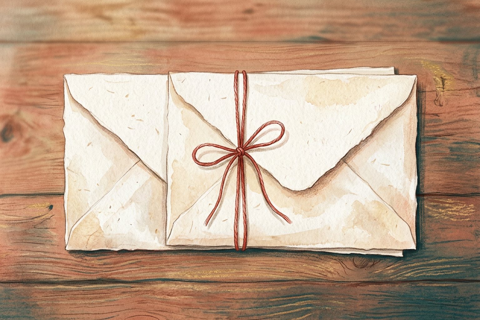 Two blank envelopes side by side, tied together with a thin red thread, on a wooden table.
