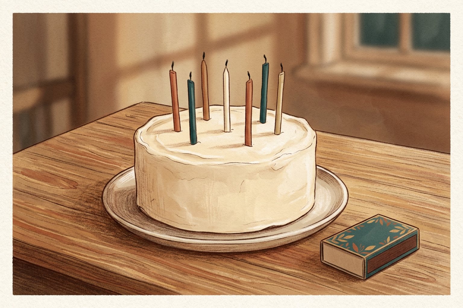 A plain round cake with slim unlit candles and a closed box of matches beside it on a table.