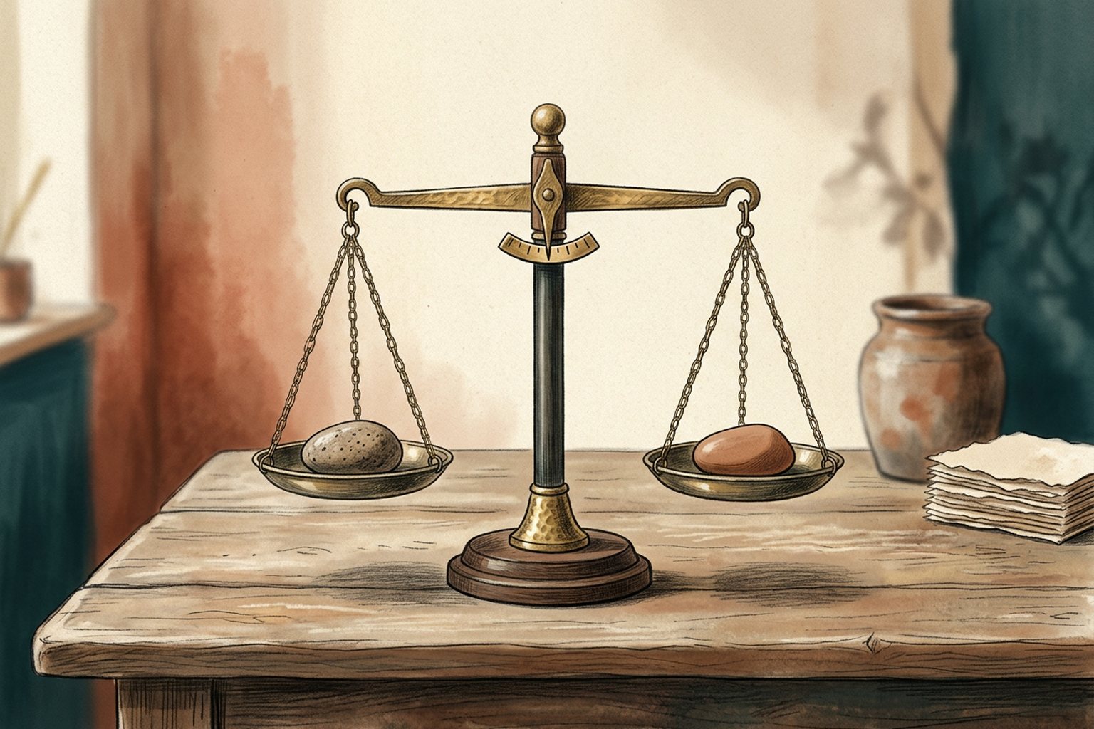 A simple balance scale with a small smooth stone in each pan stands on a wooden table in soft light.