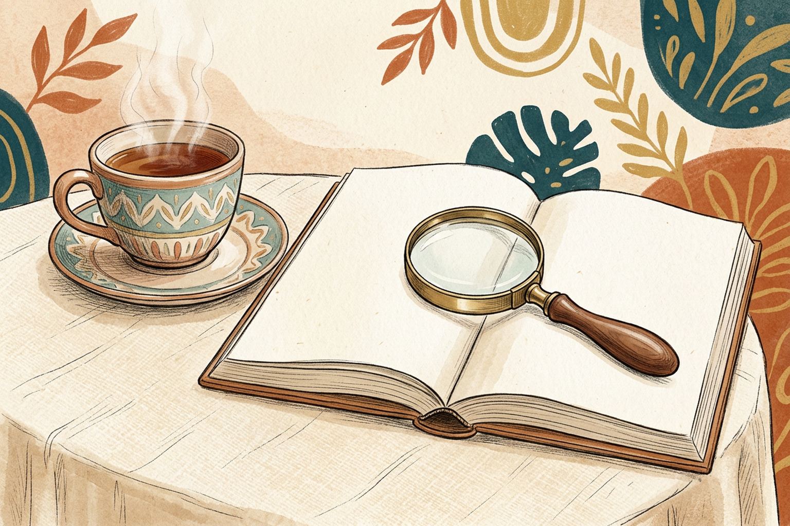 A magnifying glass rests on an open book with blank pages beside a cup of tea.