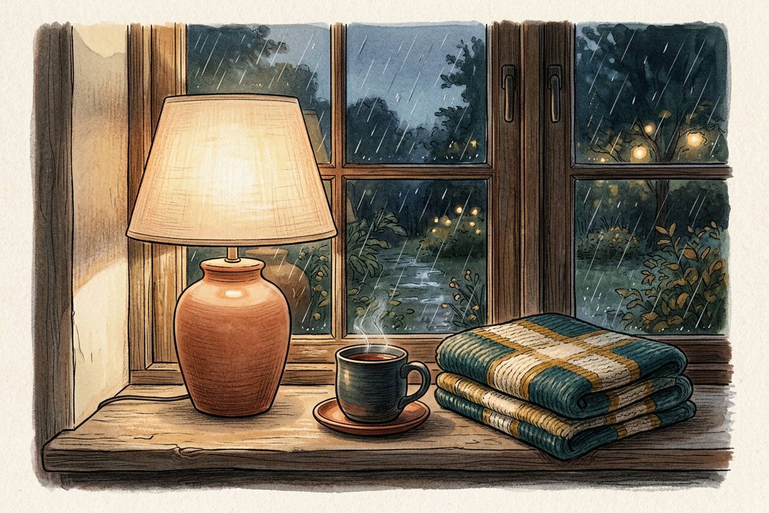 A lamp glows on a windowsill beside a folded blanket and a cup of tea, with rain outside.