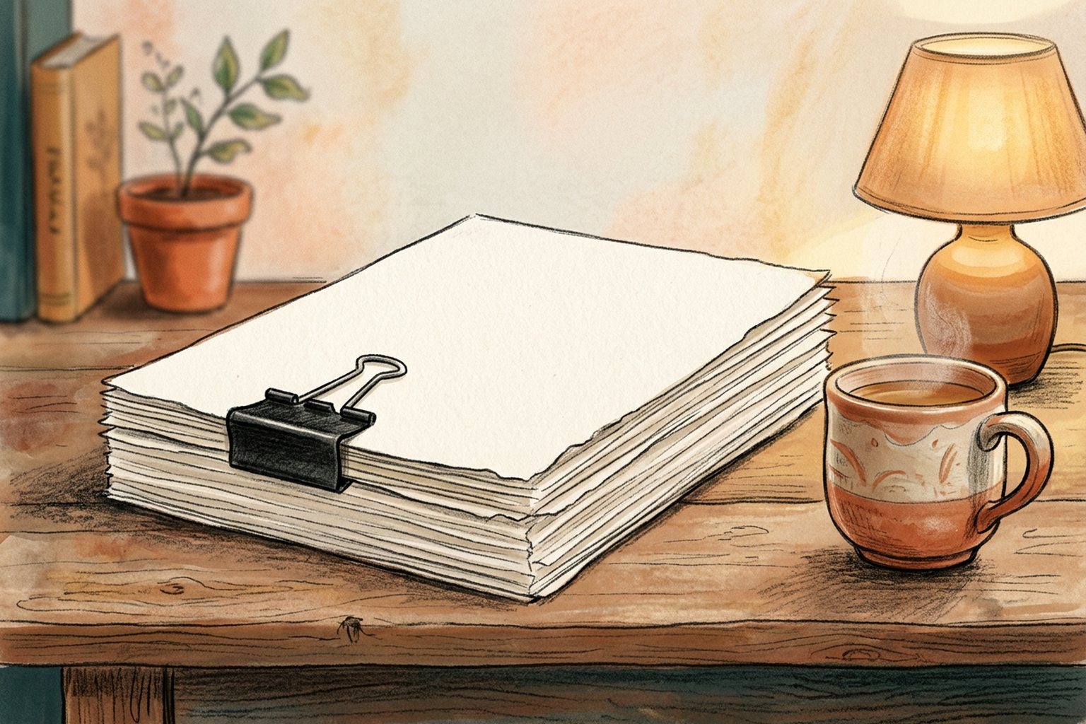 A thick stack of paper held by a binder clip sits on a desk beside a mug and a small lamp.