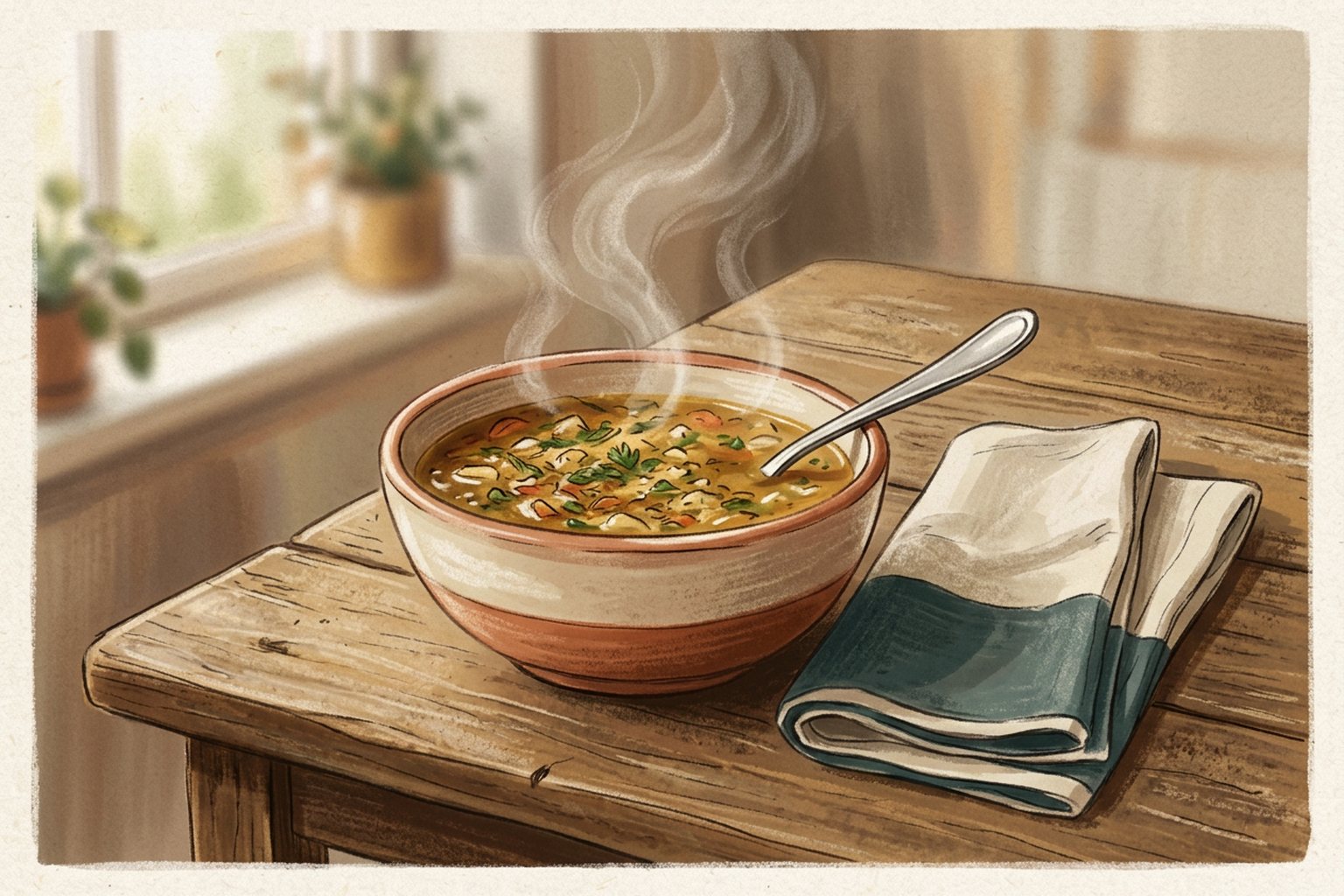 A steaming bowl of soup and a spoon sit on a plain kitchen table beside a folded napkin.
