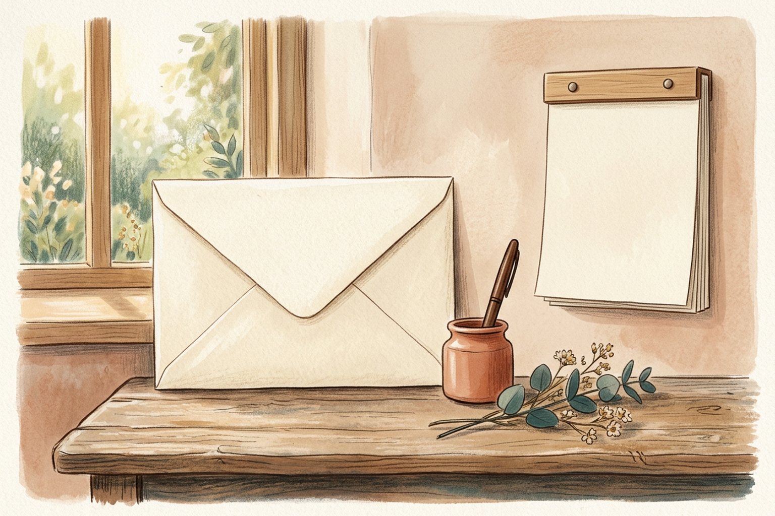A sealed blank envelope rests on a wooden desk beside a window in soft morning light.