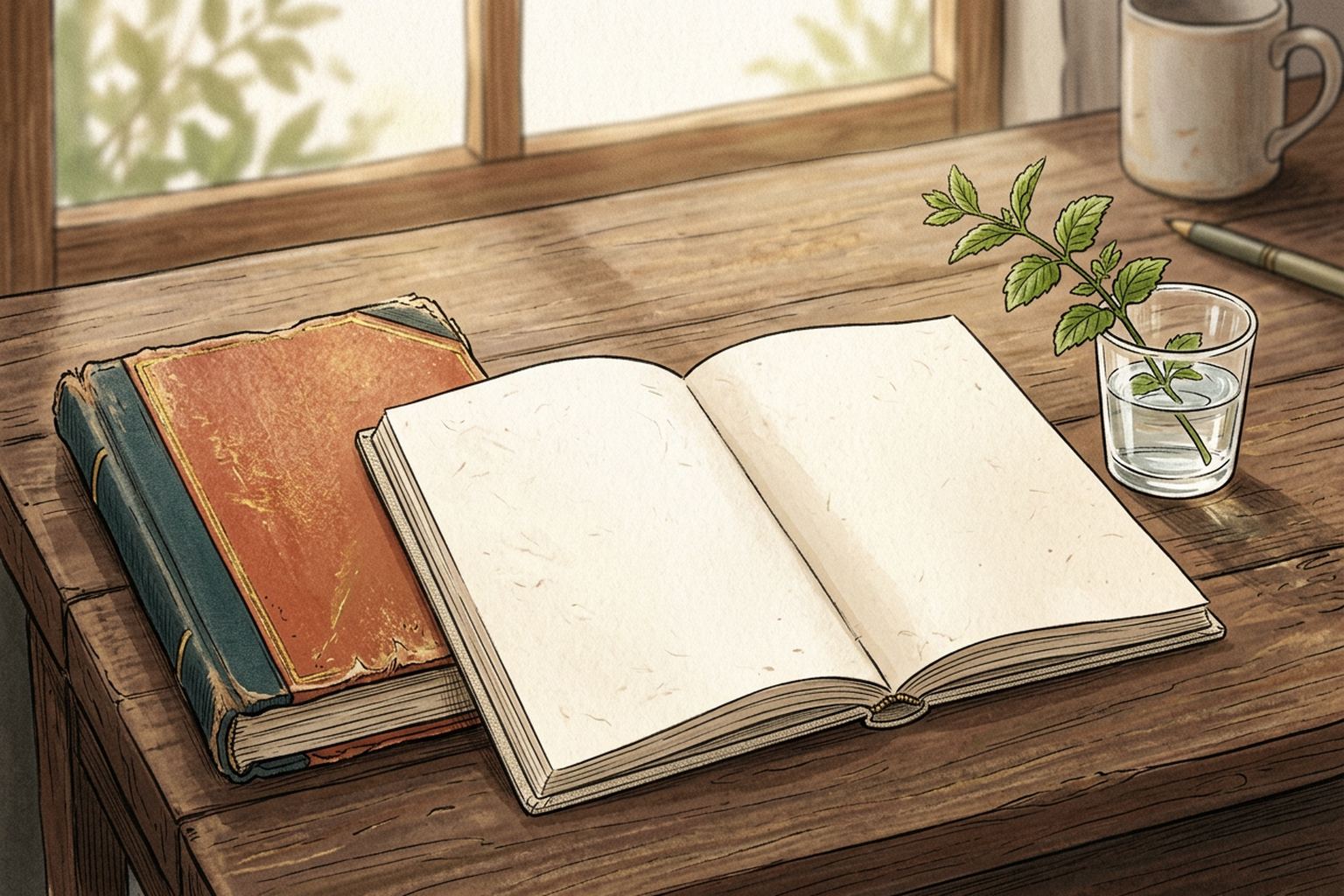 A freshly opened blank notebook lies on a desk beside an older closed notebook and a small green sprig in a glass.