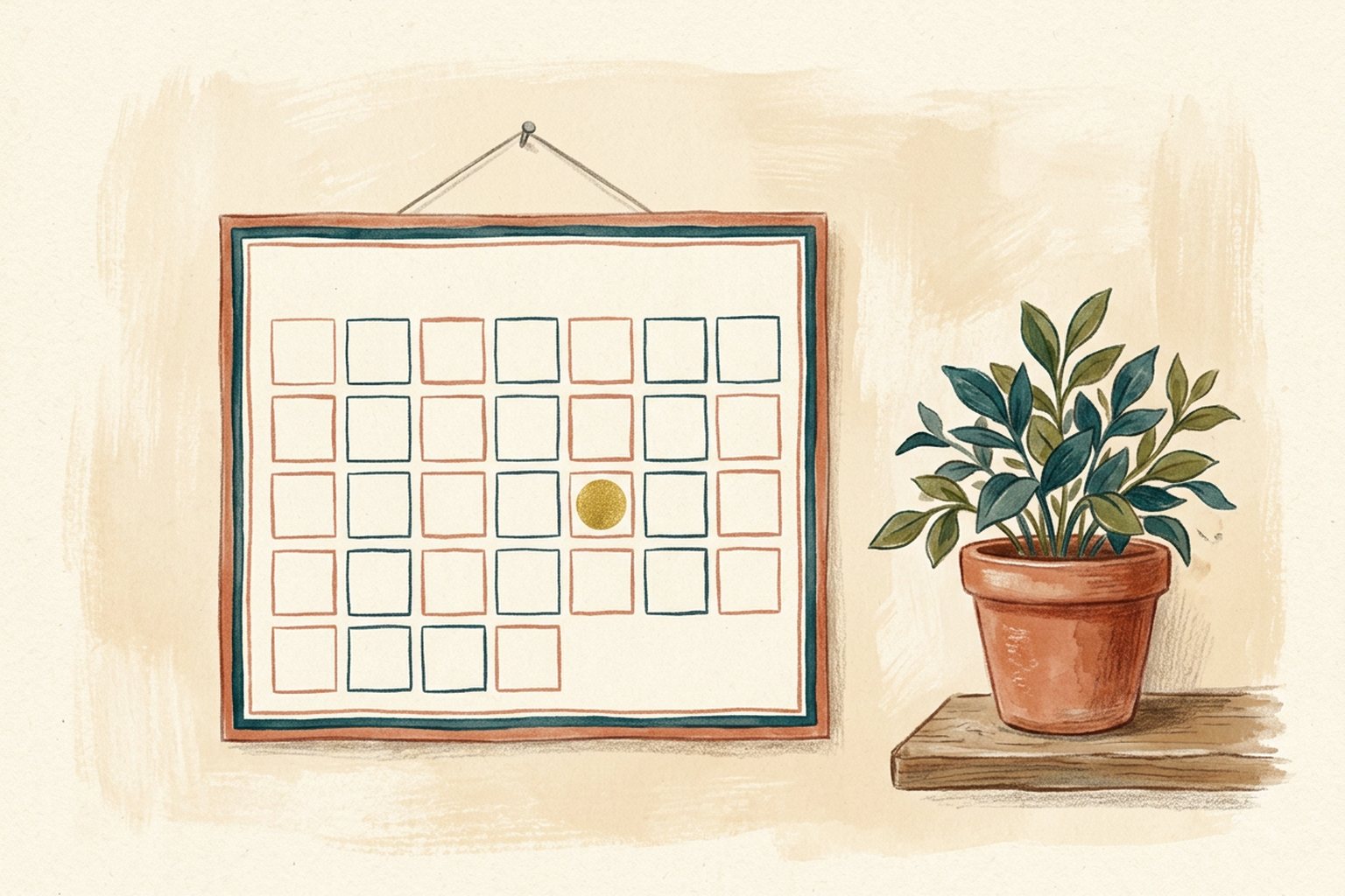 A wall calendar with blank squares and one gold circle sits beside a small potted plant.