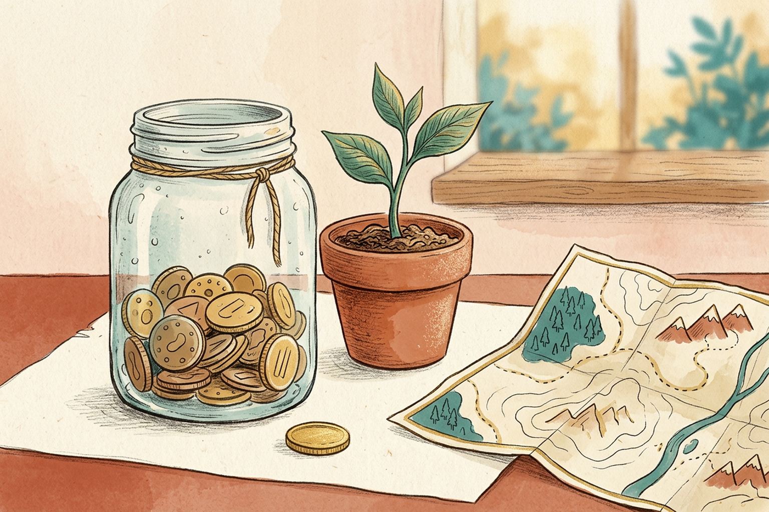 A glass jar of coins sits beside a sprouting plant and a folded paper map.