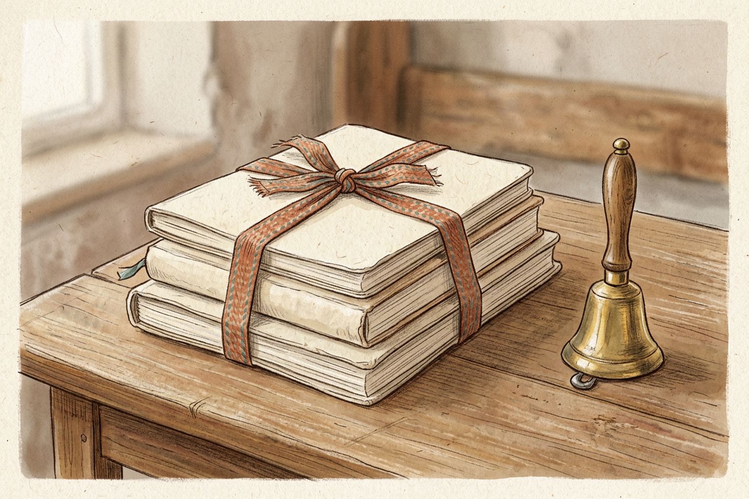 A stack of blank notebooks tied with ribbon beside a small brass hand bell on a school desk.