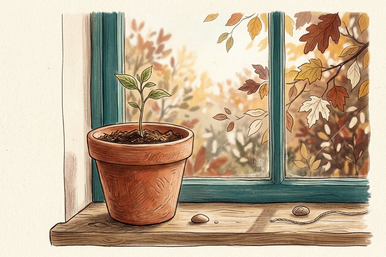 A terracotta pot with a young seedling sits on a sunny sill, with autumn leaves outside the window.