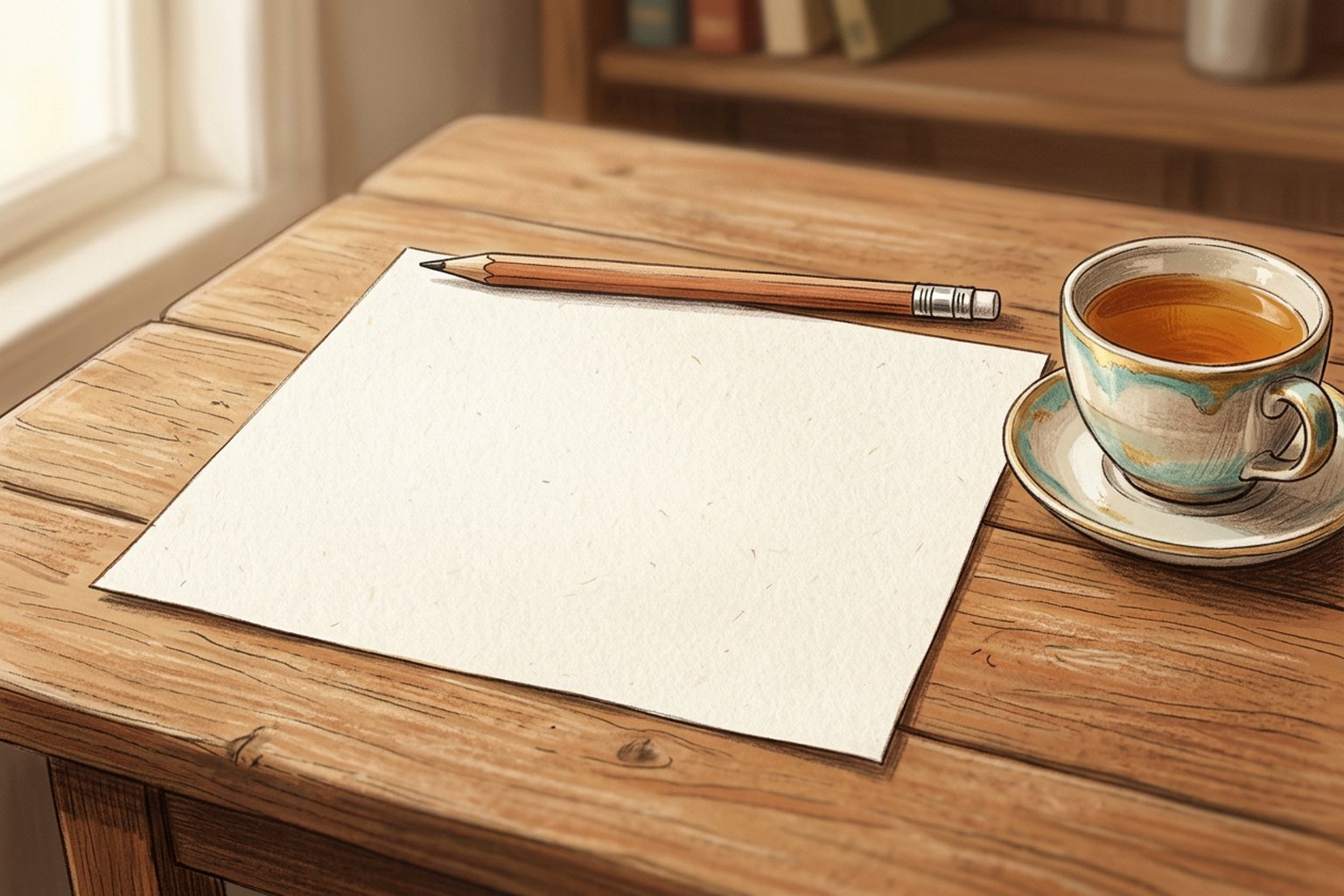 A single blank sheet of paper lies on a wooden desk with a pencil resting against its top edge and a cup of tea beside it.