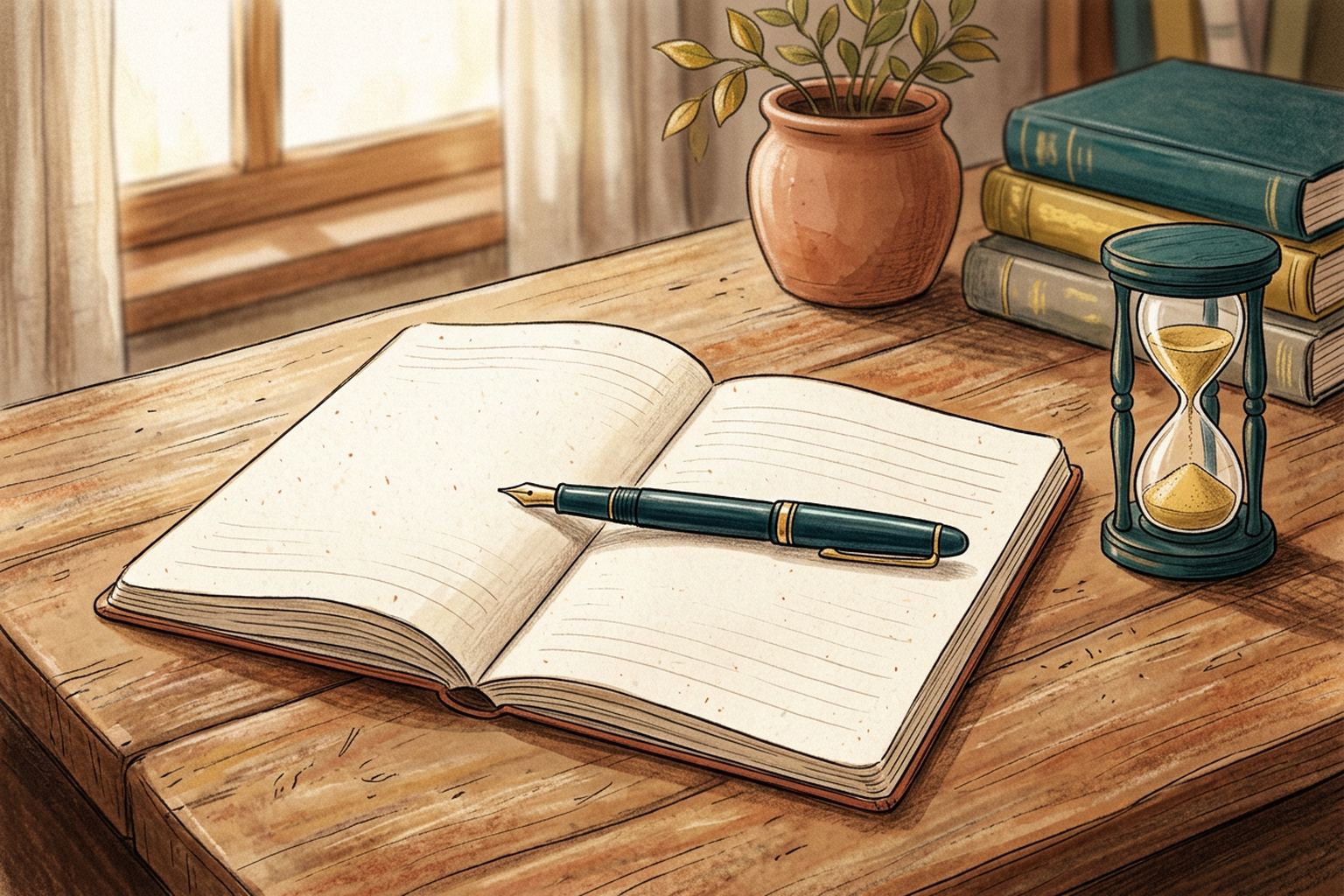 An open notebook with blank pages, a fountain pen resting across it and a small hourglass standing beside it on a wooden desk.