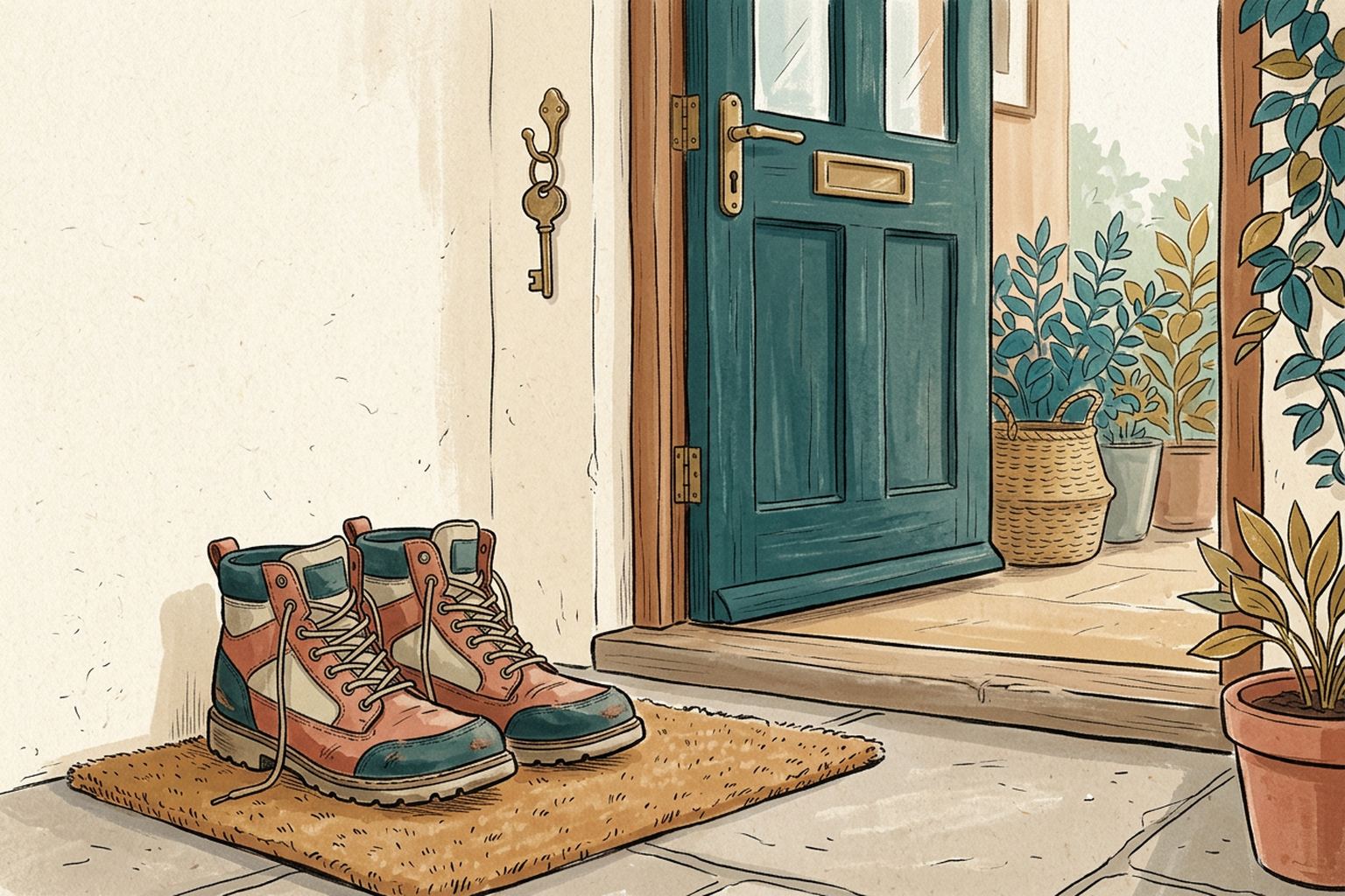 A pair of walking shoes stands beside a front door with a single key hanging on a hook above them.