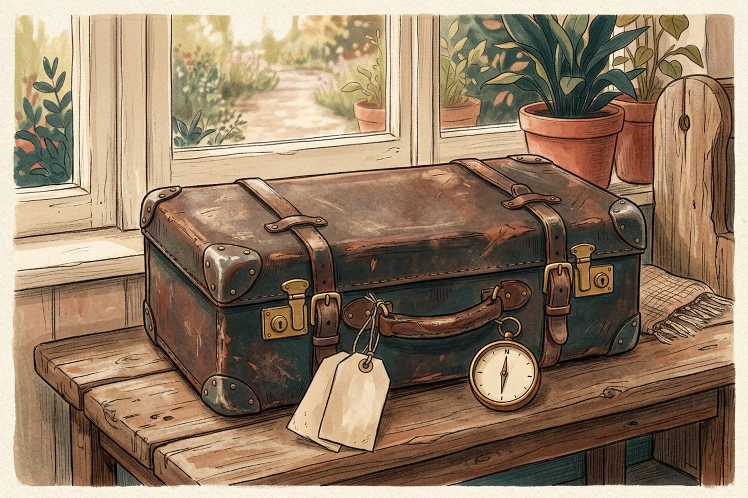 A worn leather suitcase with two blank paper luggage tags and a small brass compass with a plain face, on a wooden bench.