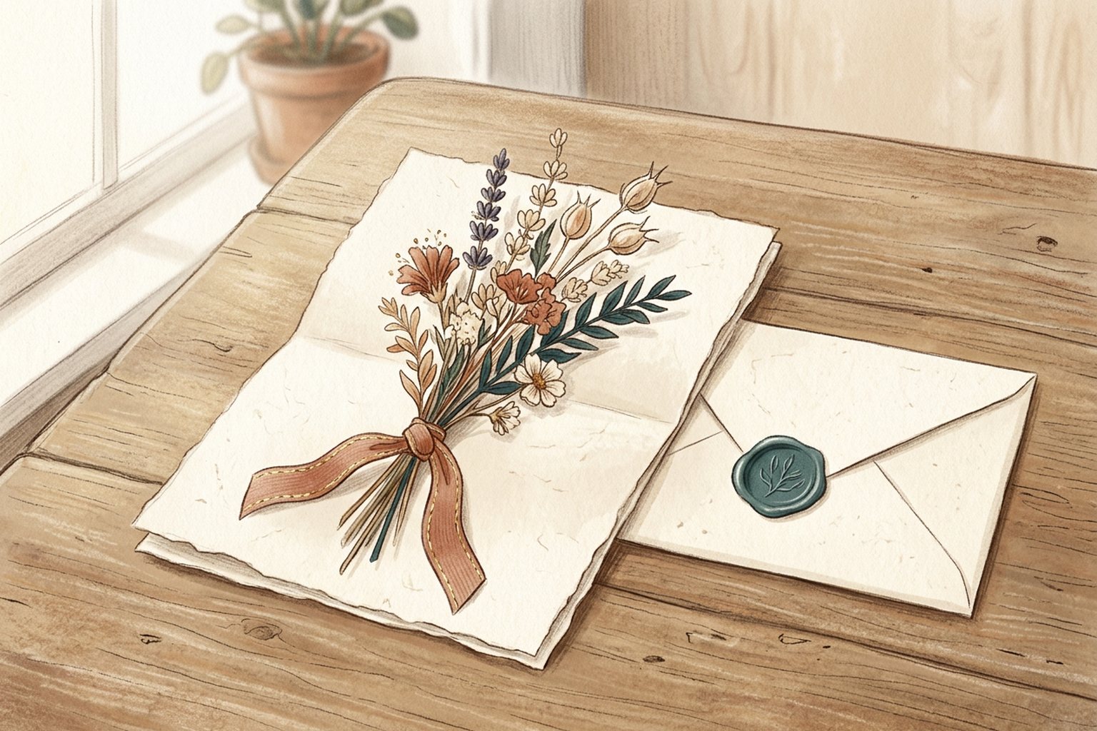 A sprig of dried flowers tied with ribbon lies on a folded sheet beside a sealed blank envelope.
