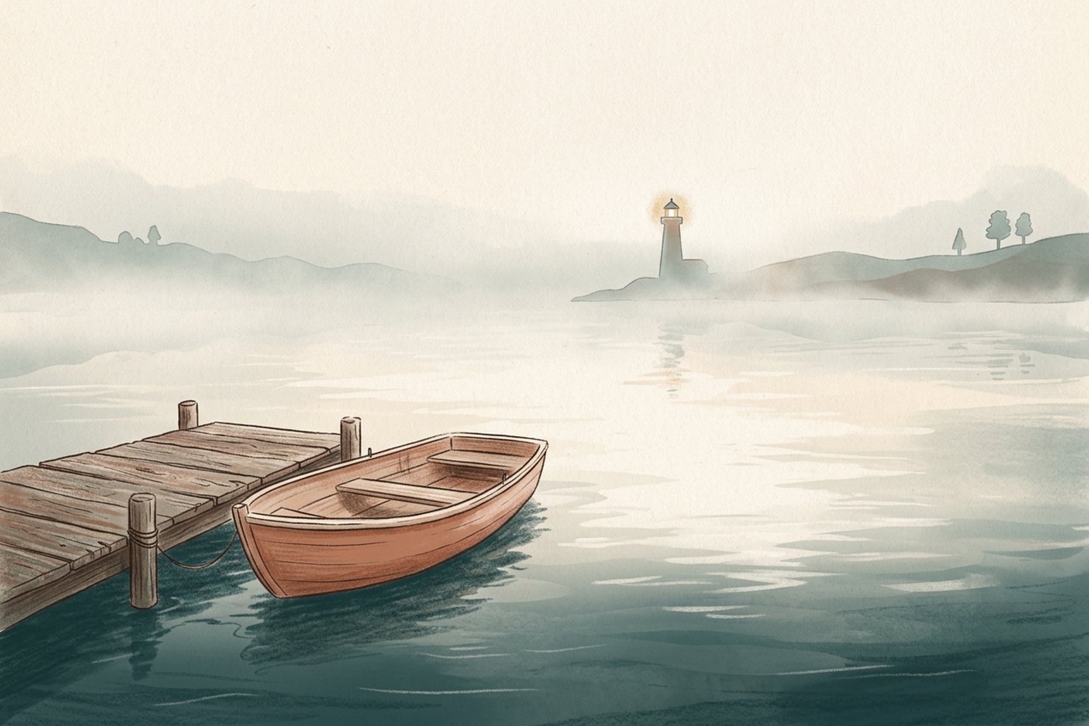 A small wooden rowboat is tied at a quiet dock in soft dawn fog, with a lighthouse glowing far away.