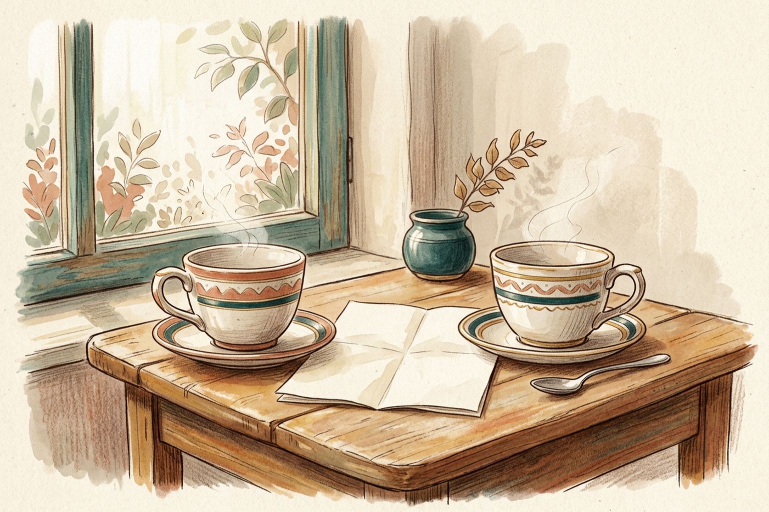 Two matching teacups face each other across a small table, with a folded sheet of paper resting between them.