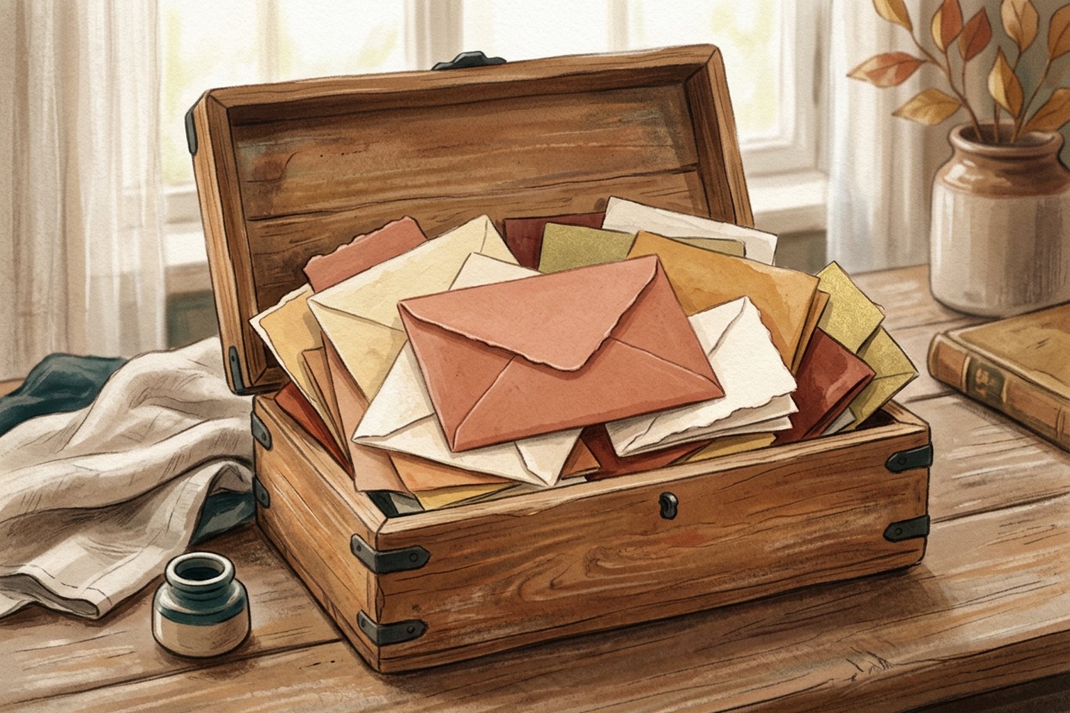 An open wooden box filled with folded letters in different warm shades of paper, one letter resting on top.