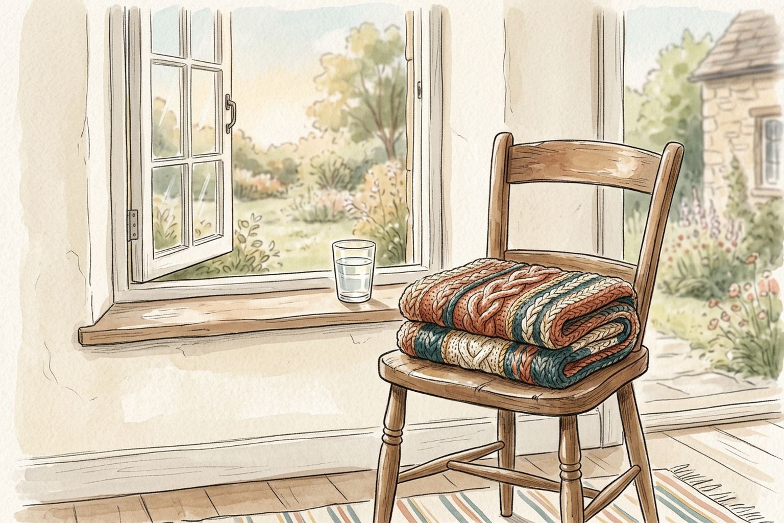 A folded knitted blanket rests on a wooden chair beside an open window with a glass of water.
