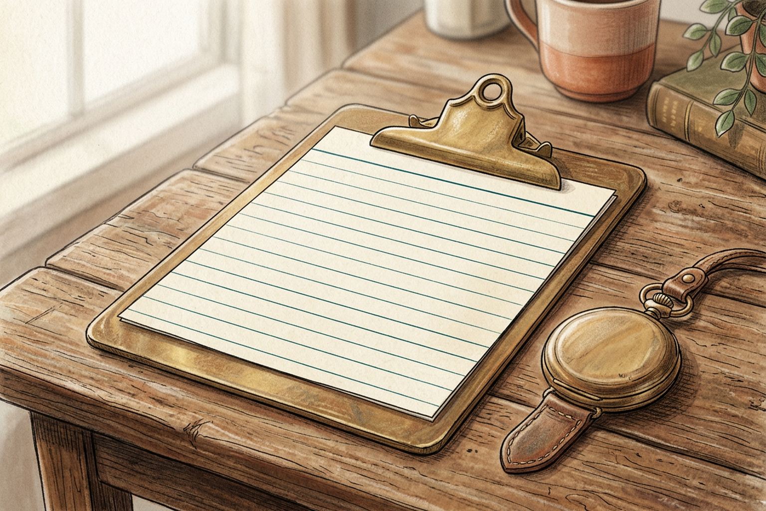 A brass clipboard holding a blank ruled card, with a closed pocket watch beside it on a wooden desk.