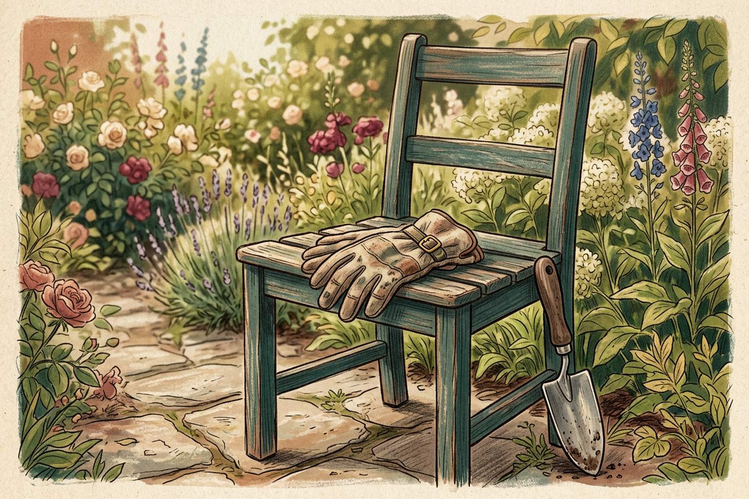 A pair of worn garden gloves rests on the seat of a wooden chair in a sunlit garden.