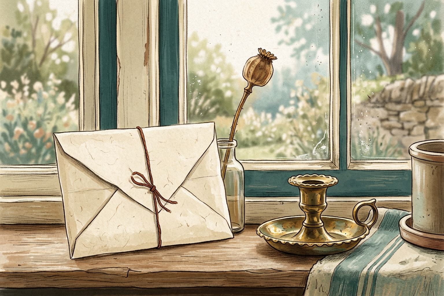A folded letter, a dried flower stem and a small empty brass candle holder on a windowsill in soft morning light.