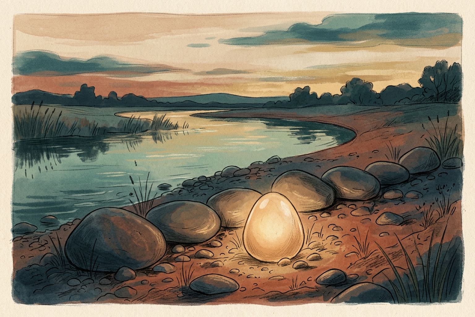 A row of smooth river stones sits on a bank at dusk, one of them glowing softly.
