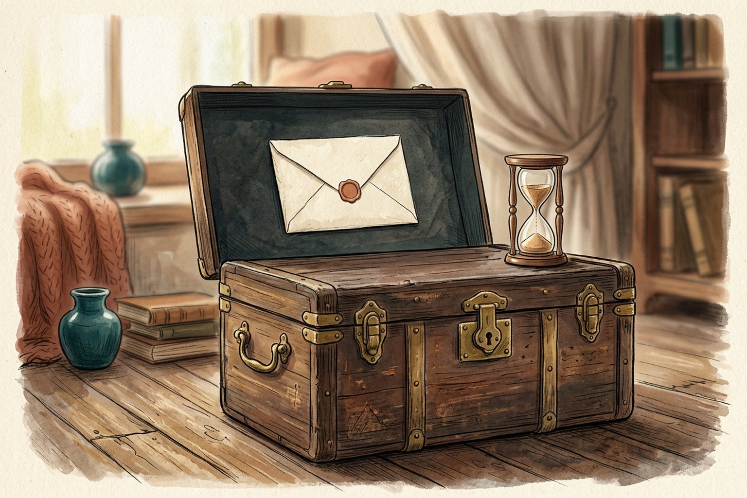 An old wooden trunk with a brass latch holds a sealed envelope, with a small hourglass on top.