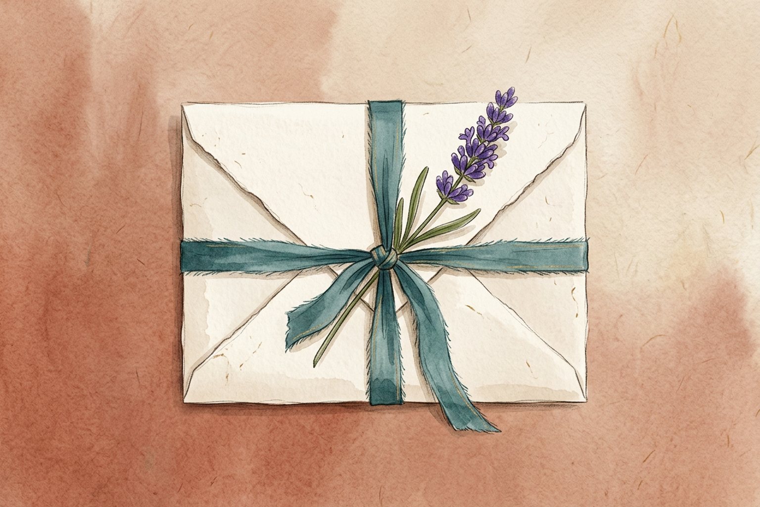 A folded blank cream letter, tied with a teal ribbon, rests beside a sprig of lavender.