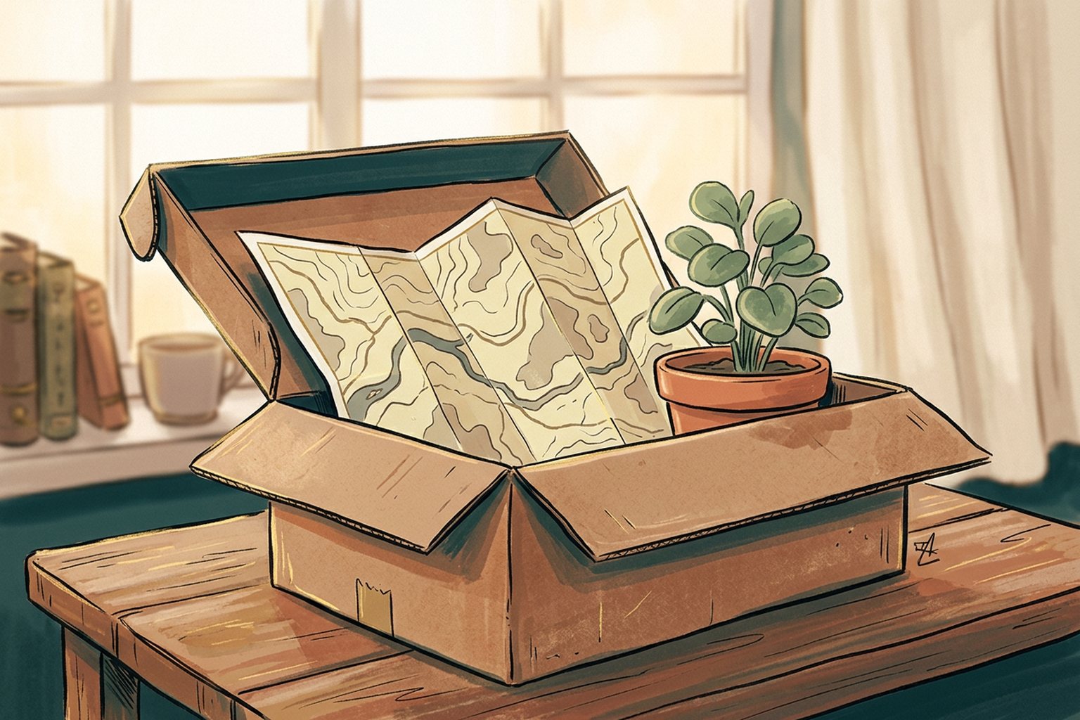 An open cardboard box holds a folded paper map and a small plant in morning light.