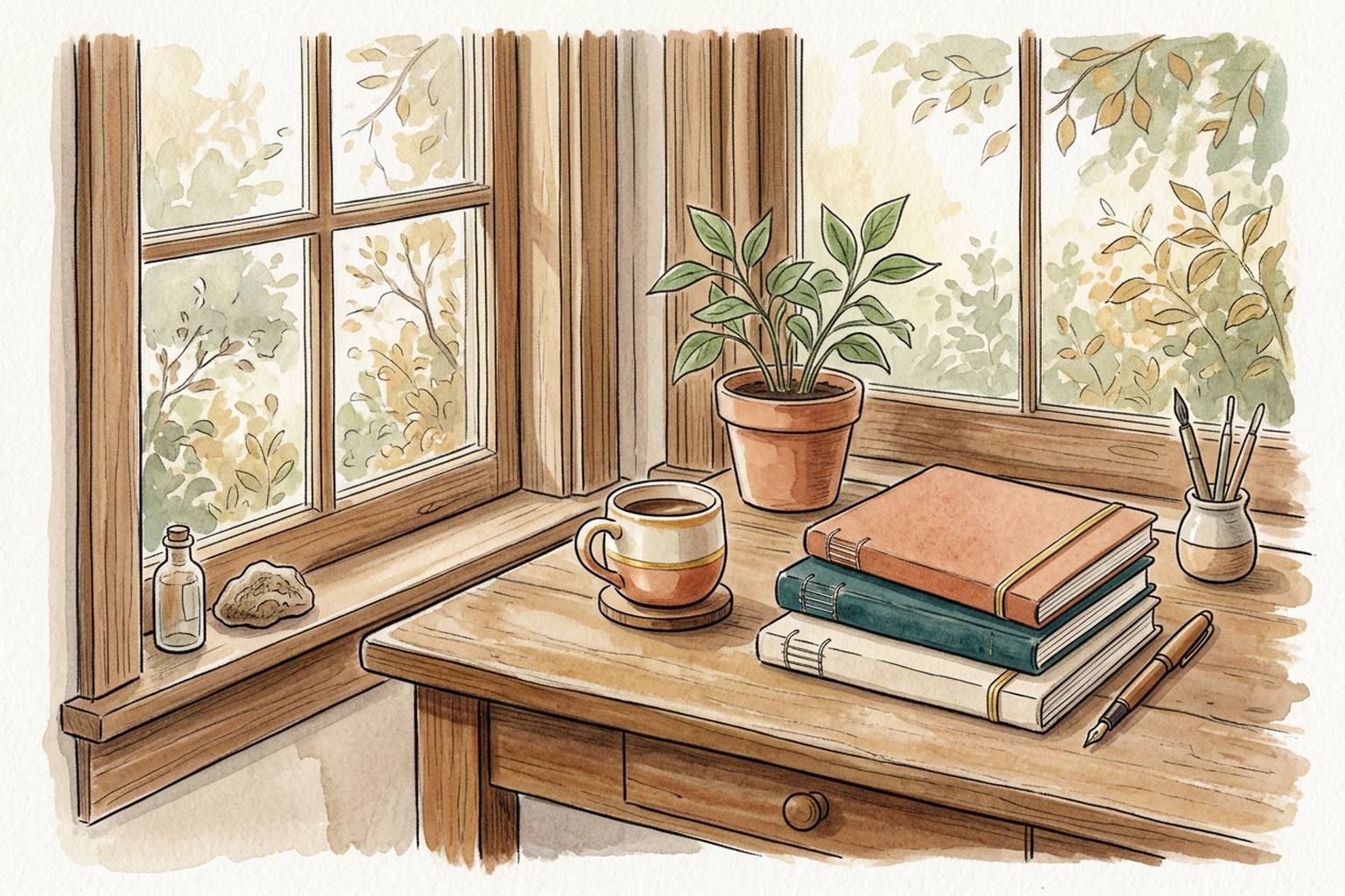 A tidy desk by a window holds a small plant, a coffee cup and a stack of blank notebooks.