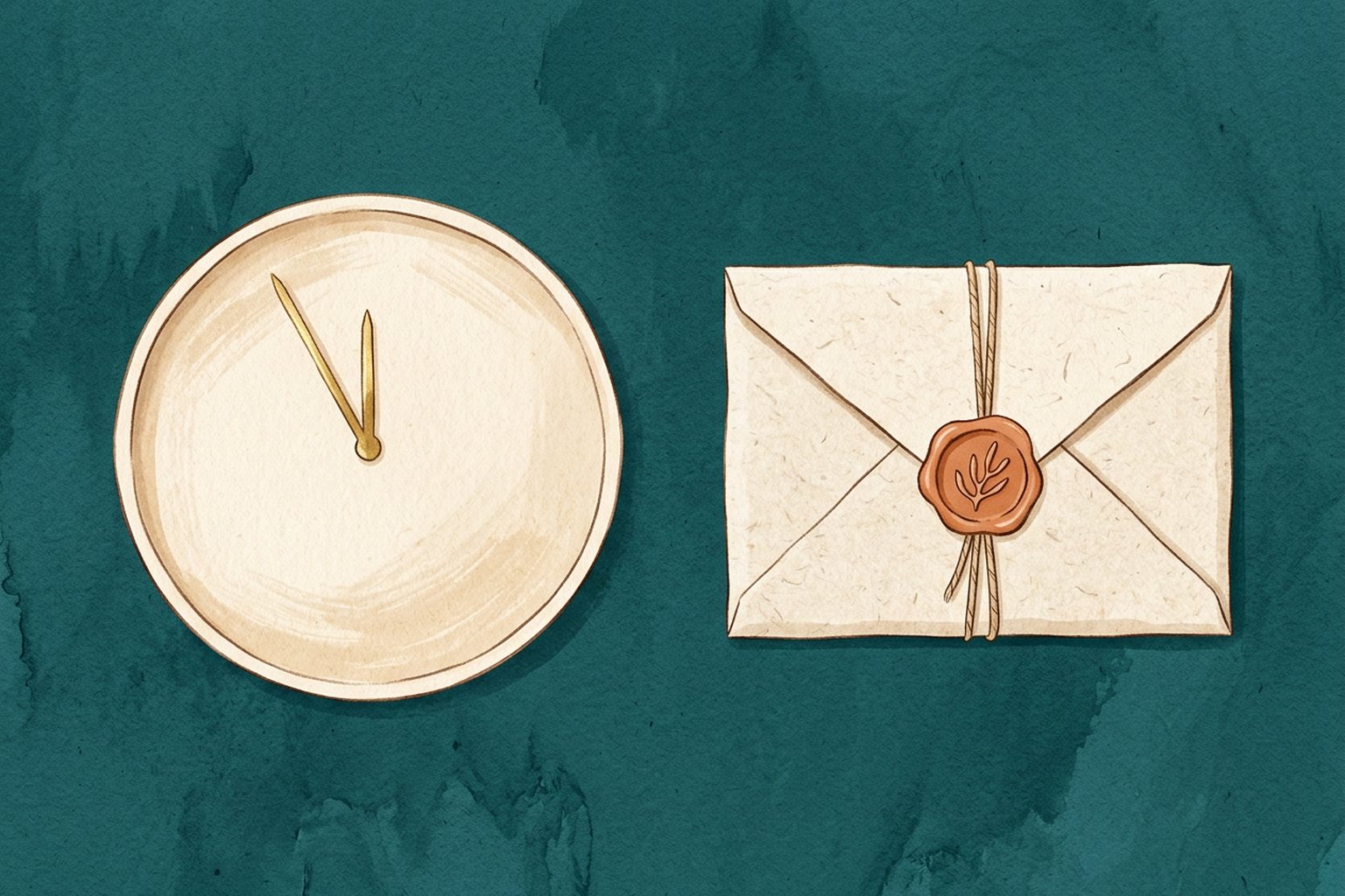 A clock face with gold hands near midnight sits beside a sealed envelope on deep teal.