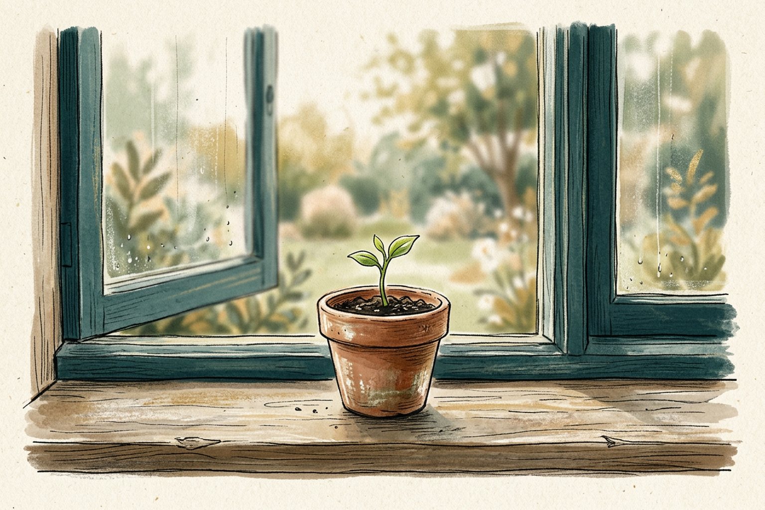 A tiny green sprout growing in a small terracotta pot on a windowsill.