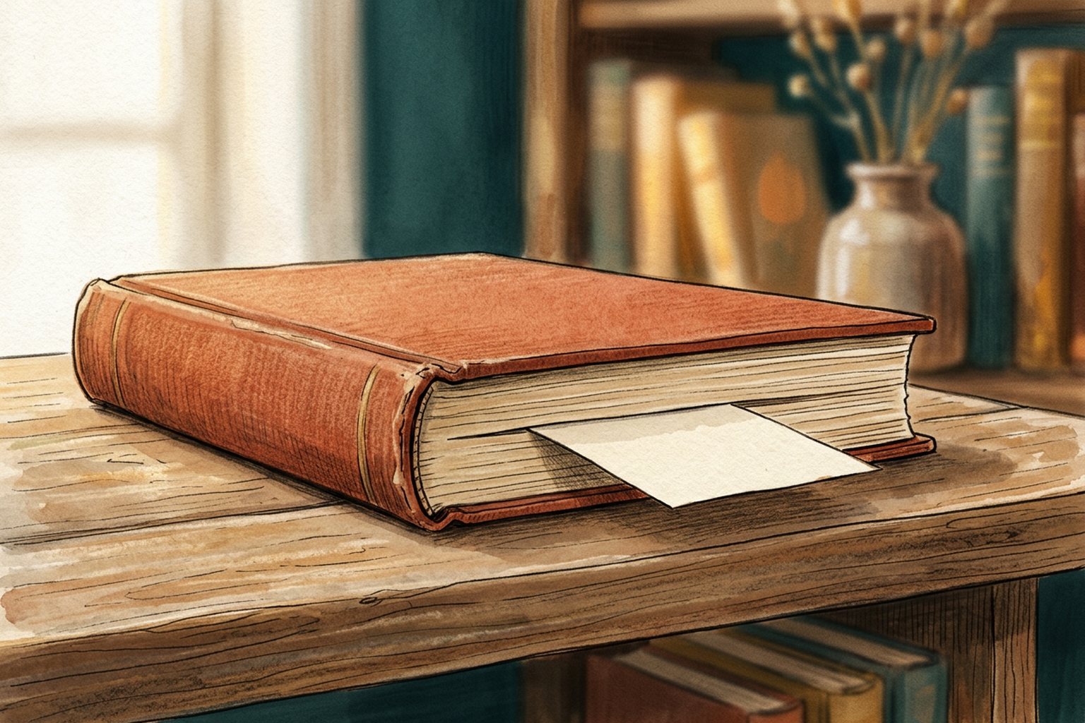 A single narrow slip of paper is tucked between the pages of a closed book on a wooden shelf.