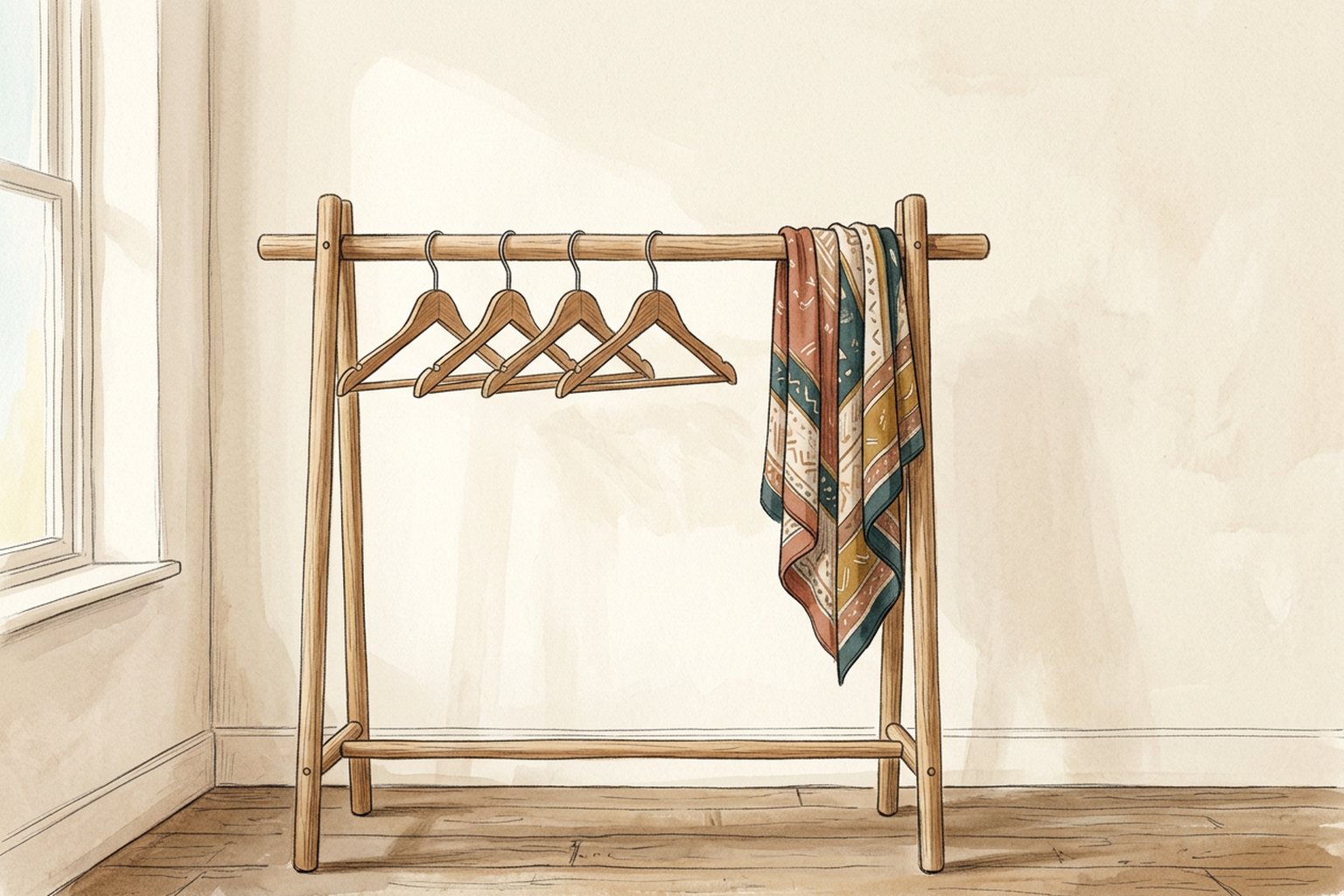 A wooden clothes rail holds a few empty hangers and one folded scarf in soft morning light.