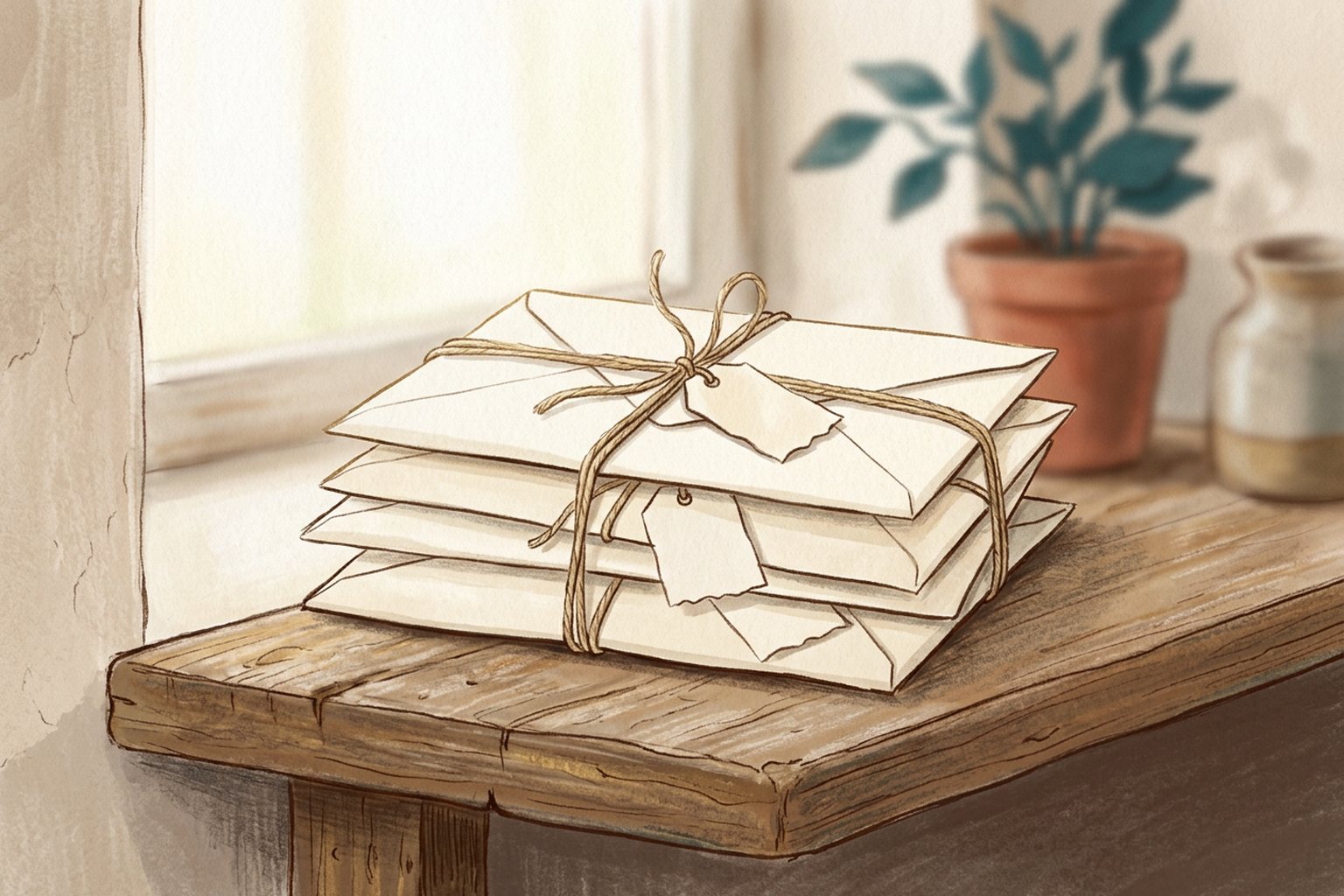 A small stack of sealed blank envelopes tied with twine, each with a tiny blank paper tag, sits on a wooden shelf.