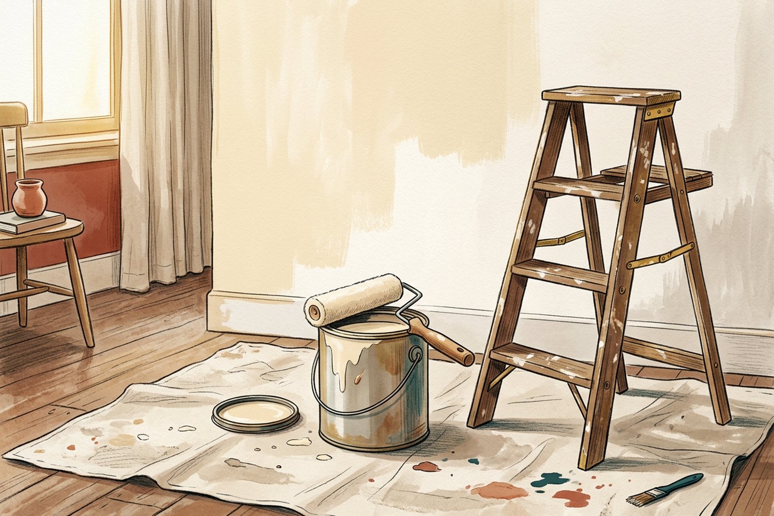 A half-painted wall with a paint roller resting across an open paint tin on a drop cloth.