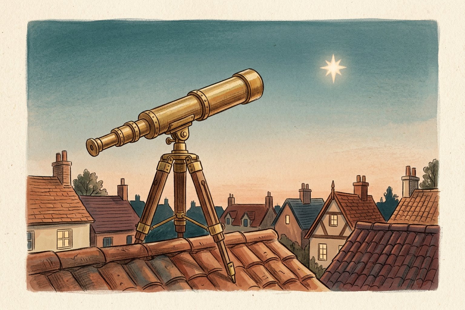 A brass telescope points at a dusk sky above a row of rooftops, where one star glows.