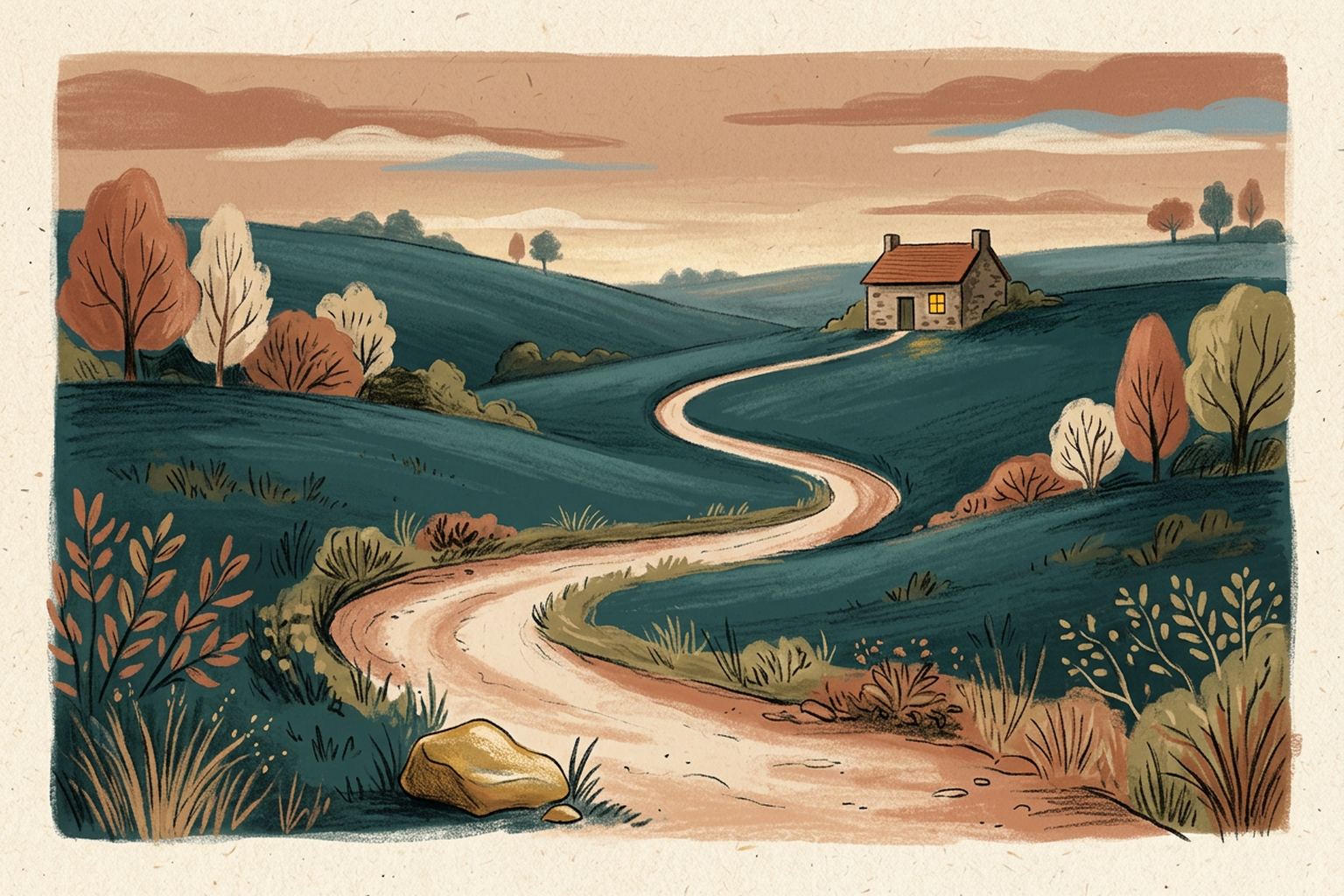 A winding path climbs teal hills toward a small lit window, with a gold stone at its first step.