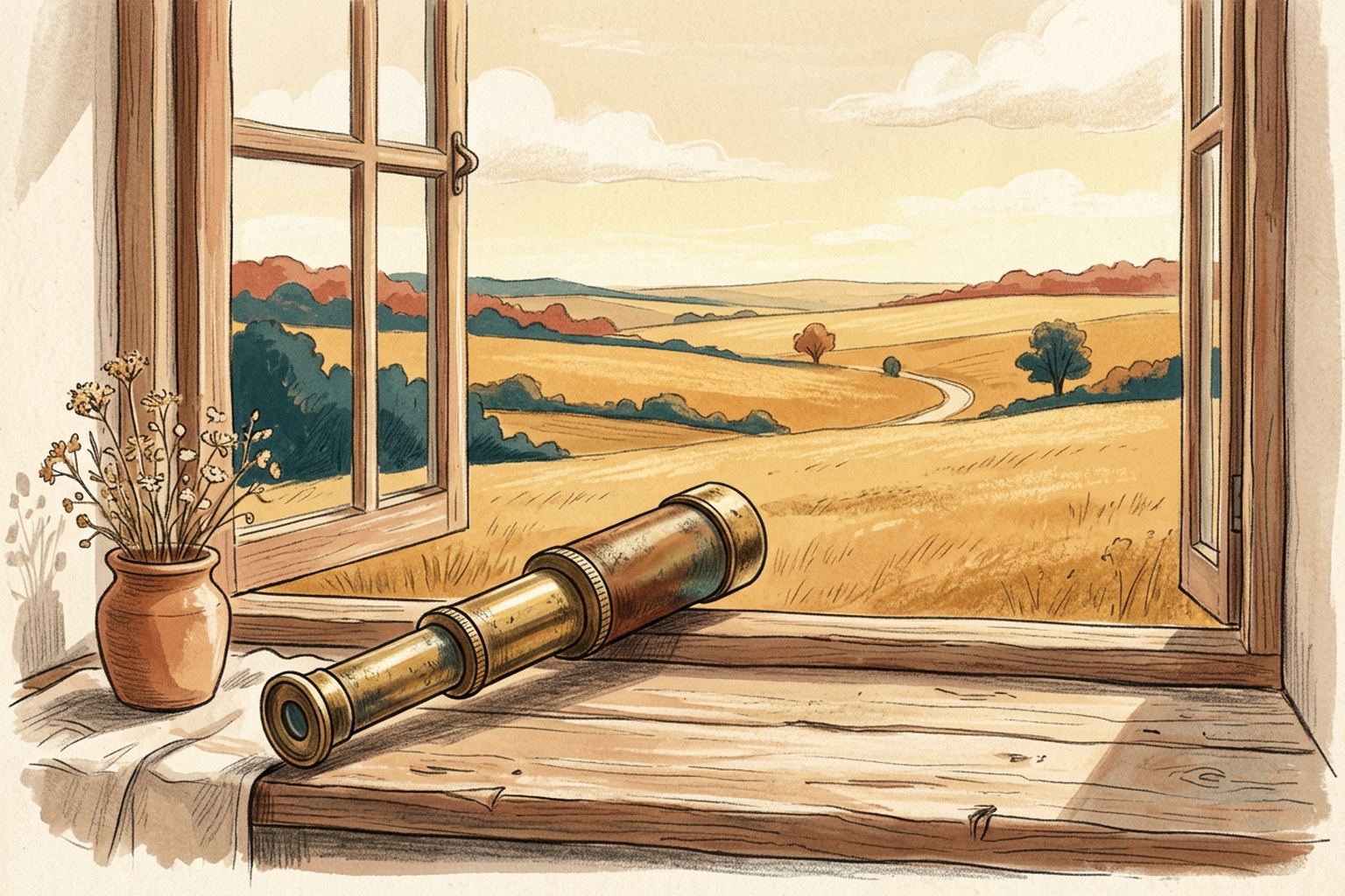 A brass spyglass rests on a sunlit windowsill, pointed out toward a distant field.