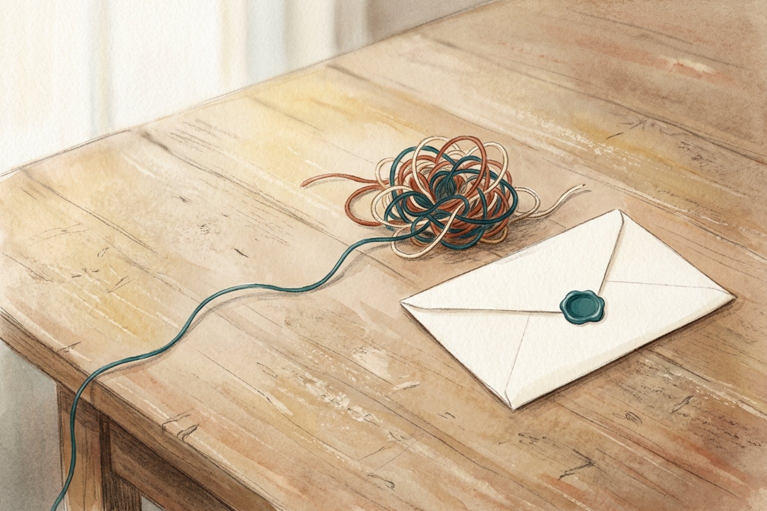 A small tangled bundle of thread loosens into a straight line beside a sealed blank envelope on a wooden table.