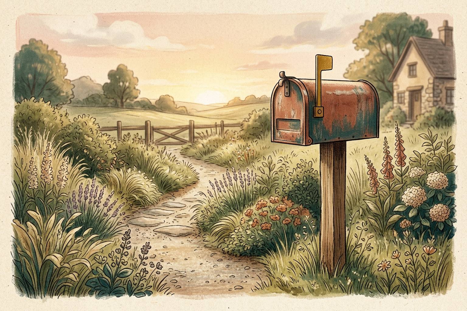A mailbox on a wooden post at the end of a garden path, its flag raised, in early morning light.