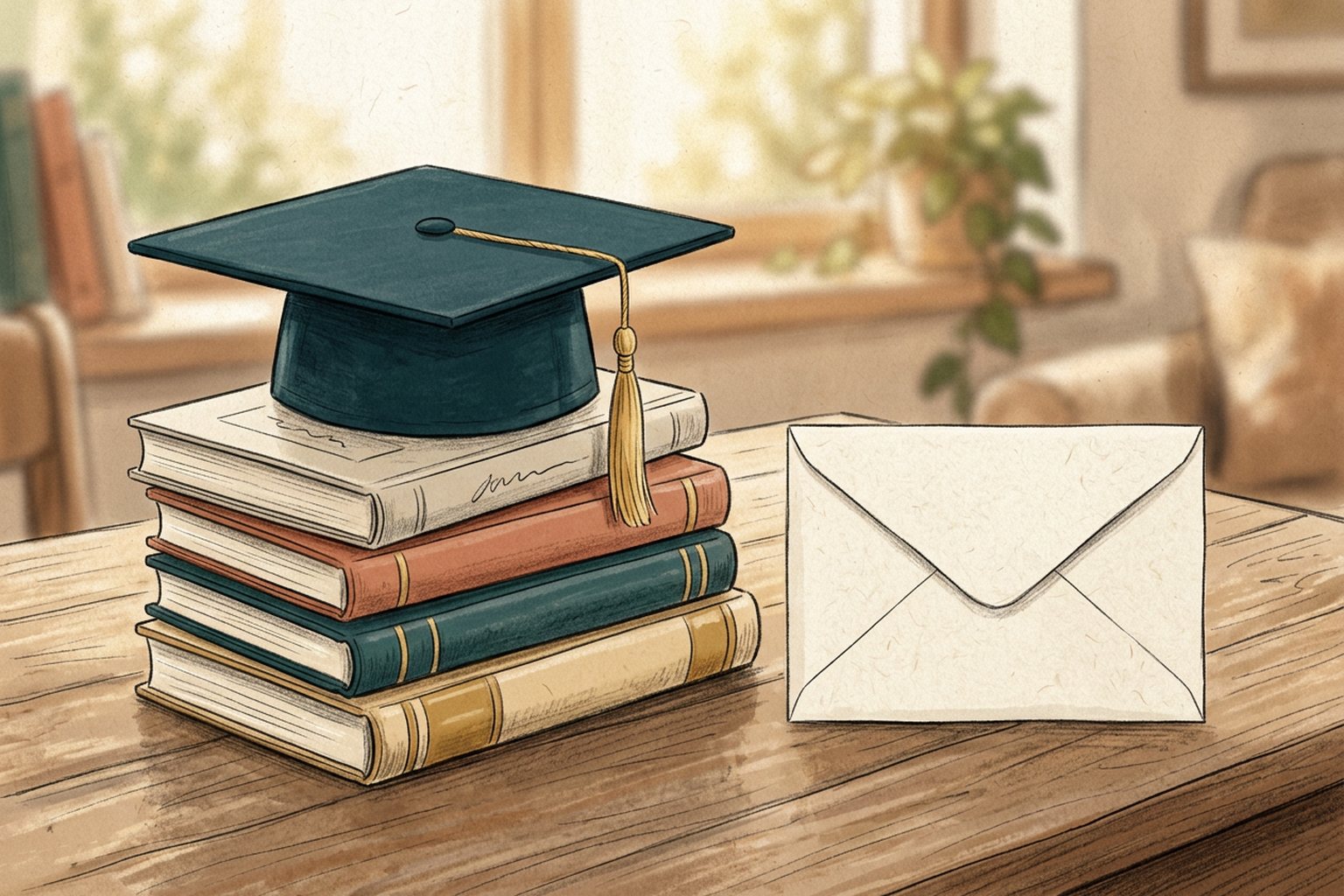 A graduation cap rests on a small stack of books beside a sealed blank envelope on a sunlit table.