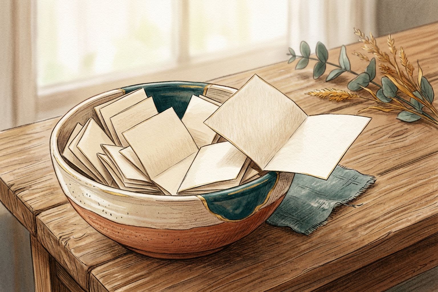 A ceramic bowl holding folded blank paper slips, with one slip resting open on the rim.